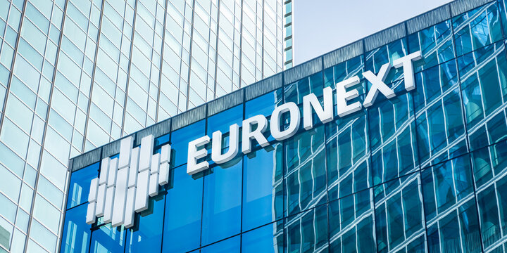 Euronext logo on the European New Exchange Technology Tower in La Defense business district in Paris France 