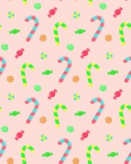 Obraz premium Seamless pattern with candy canes, swirl caramels and wrapped candies.