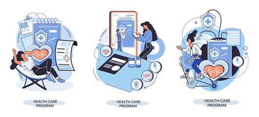 Health care program metaphor, online medical services, protection medicine. Medical insurance, hospital services, preventive check up, sick leave certificate treatment diagnosis patients, telemedicine
