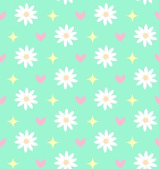 Seamless pattern with chamomiles, hearts and stars on green background.