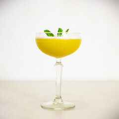 Pineapple tonic cocktail made with gin, honeydew syrup lime juice elderflower and pineapple juice, a glass of yellow cocktail summer drinks on table plain background