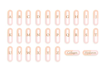 Obraz premium A to Z alphabets on light color dietary supplement capsules plus collagen and hyaluronic acid capsules, illustration vector.
