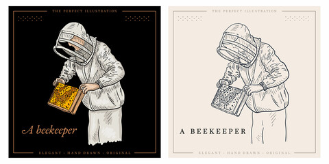 A beekeeper in protection suit with honeycomb sketch