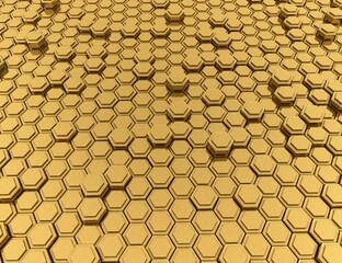 Abstract 3D geometric background, gold hexagons metallic shapes stacks, render technology illustration. 3d rendering