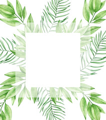 Naklejka premium Watercolor illustration card with white square and tropical leaves. Isolated on white background. Hand drawn clipart. Perfect for card, postcard, tags, invitation, printing, wrapping.