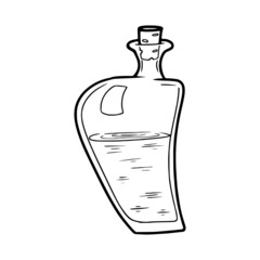 Sketch of a bottle of poison or elixir. Magic dishes. Vial for the witch's potion. Black and white freehand drawing in doodle style.