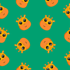 Cute seamless pattern on green background with cozy giraffe.
Texture for scrapbooking, wrapping paper, invitations. Vector illustration.