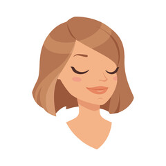 Pretty Woman Character Face with Short Haircut Smiling Having Closed Eyes Vector Illustration