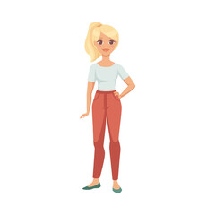 Blond Woman Character with Ponytail in Red Pants in Standing Pose Vector Illustration