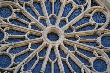 close up of a stained glass rose window on the Dom cathedral in Osnabrück Germany 