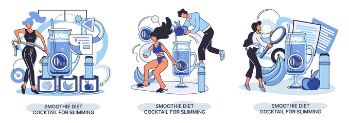 Smoothie as healthy diet cocktail for slimming tiny person concept metaphor. Vegan detox food and drink as organic and vitamin full beverage from straw. Raw ingredient blend nutrition energy and diet