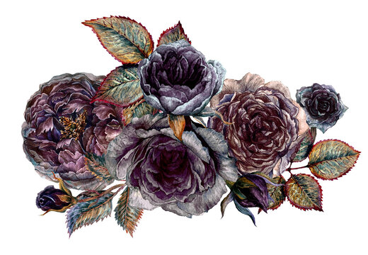 Watercolor Floral Gothic Arrangement Isolated on White Background.
