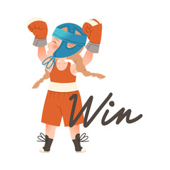 Little Girl in Boxing Gloves Winning as Verb Expressing Action for Kids Education Vector Illustration