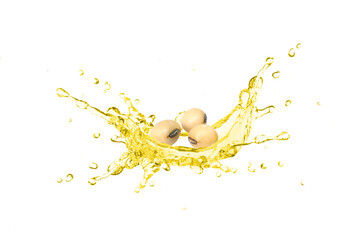 Soybean oil splash with soy bean isolated on white background.