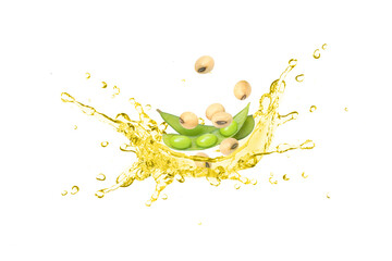 Soybean oil splash with soy bean isolated on white background.