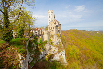 Lichtenstein Castle on mountain top in summer, Germany, Europe. This famous castle is landmark of...