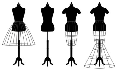 Vector set of female mannequins with crinolines, fashion dress forms in black color, isolated, on white background