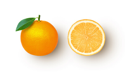 orange fruit with leaf isolated on white