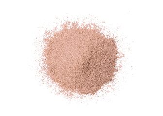 Pile of pink strawberry protein powder isolated on white background. Top view. Flat lay.