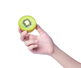 Closeup woman hand hold fresh kiwi fruit isolated on white background.