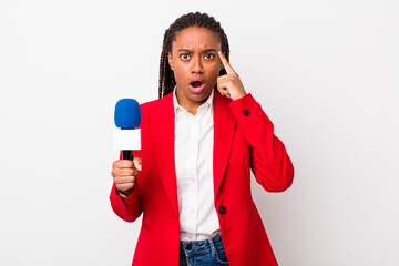 young adult black woman looking surprised, realizing a new thought, idea or concept. presenter and...