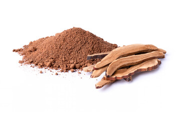 Pile of dry Ganioderma Lucidum mushroom (Ling Zhi, Lingzhi, Reishi) powder isolated on white background.