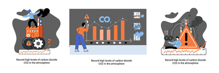 Record high levels carbon dioxide CO2 atmosphere. Industrial emissions affect changes in carbon dioxide concentration. Causes of climate change on planet. Problems of environment and ecology metaphor