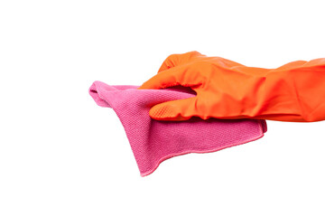 Closeup hand with glove hold pink microfiber cloth for clean and wipe something isolated on white...