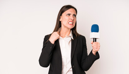 young adult pretty woman feeling stressed, anxious, tired and frustrated. presenter with a...