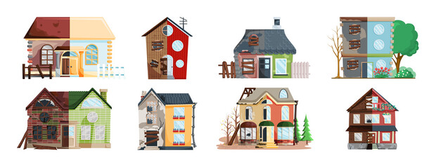 Home renovation, house before and after repair. New and old suburban cottage. Remodel construction. Old run-down house remodeled into cute traditional suburban cottage. Building maintenance service