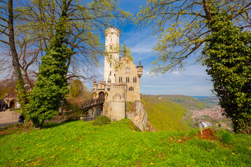 Lichtenstein Castle on mountain top in summer, Germany, Europe. This famous castle is landmark of...