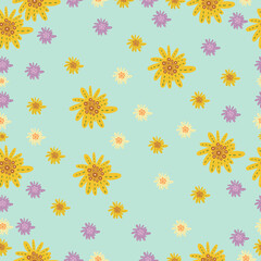 Cute seamless pattern on a warm blue background with beautiful flowers. Texture for scrapbooking, wrapping paper, invitations. Vector illustration.