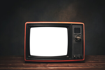 Still life with Retro old red TV with cut out screen in dark room