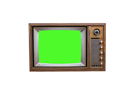 Retro old television with green screen isolated on white background, antique TV, old technology