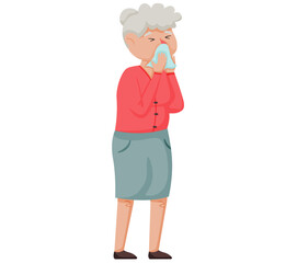 Elderly woman with runny nose. Sneezing female patient on white background. She got influenza and runny nose. Season allergy. Sick lady sneeze in hospital. Epidemic of colds and viral diseases