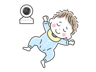 ベビーモニターで監視する、寝ている赤ちゃんのイラスト