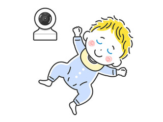 ベビーモニターで監視する、寝ている白人赤ちゃんのイラスト