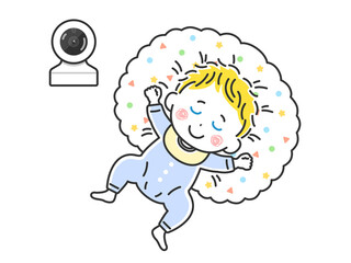 Obraz premium ベビーモニターで監視する、寝ている白人赤ちゃんのイラスト