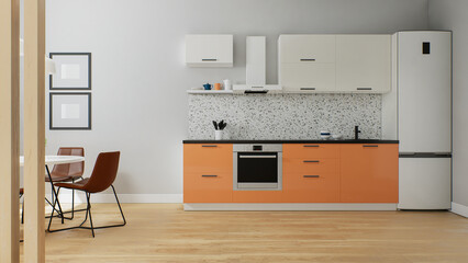 The interior of a small kitchen, orange bottom white top. 3D rendering.