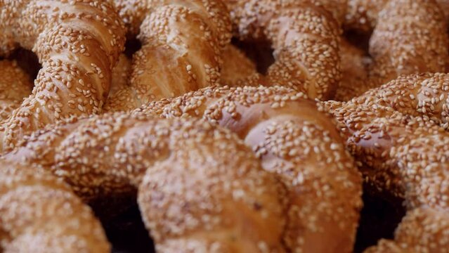 Close-up of Simit circular bread with sesame seeds, It is widely known as Turkish bagel