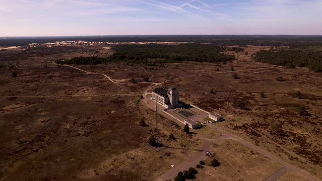 Dutch heather moorland landscape aerial surrounding the Radio Kootwijk former transmitting and communication center