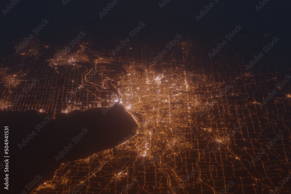 Wall mural aerial shot of buffalo (new york, usa) at night, view from south. imitation of satellite view on mod