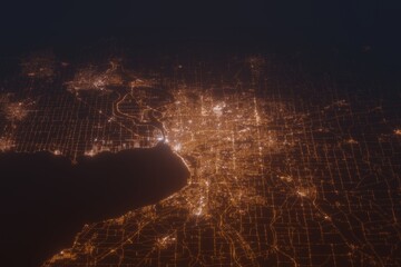 Aerial shot of Buffalo (New York, USA) at night, view from south. Imitation of satellite view on modern city with street lights and glow effect. 3d render