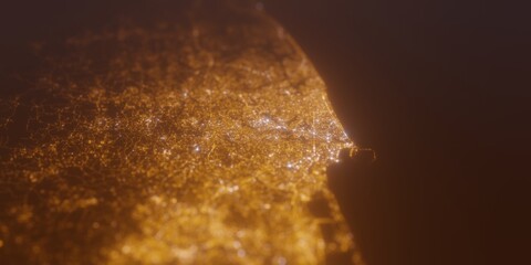 Street lights map of Colombo (Sri Lanka) with tilt-shift effect, view from north. Imitation of macro shot with blurred background. 3d render, selective focus