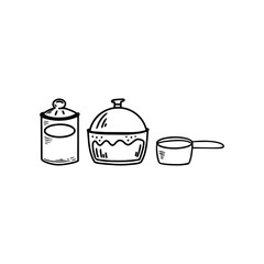 Kitchen utensils in doodle style. Sketch cooking graphic illustration for decoration desig