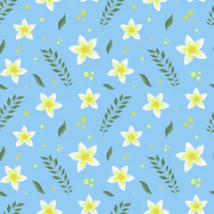 Fotobehang Vector seamless pattern with white flowers, branch and leaves on blue background. © Julia G art
