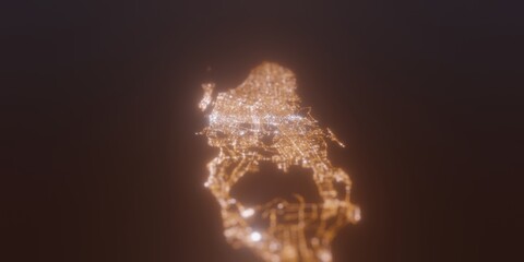 Street lights map of Nassau (Bahamas) with tilt-shift effect, view from west. Imitation of macro shot with blurred background. 3d render, selective focus