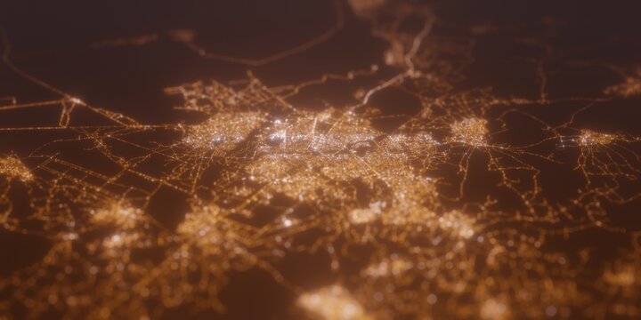 Street lights map of Gaborone (Botswana) with tilt-shift effect, view from north. Imitation of macro shot with blurred background. 3d render, selective focus