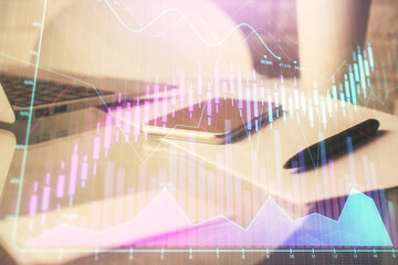 Double exposure of forex graph drawing and cell phone background. Concept of financial data analysis