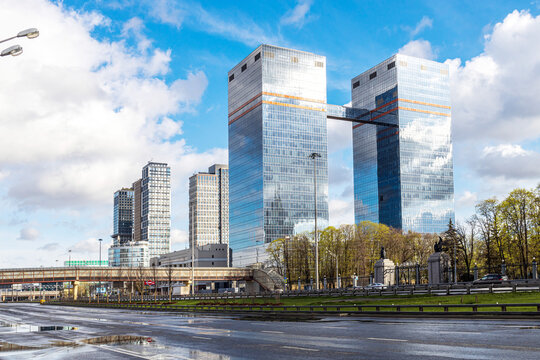 Moscow / Russia: Residential complex Prime Park construction, Aviacity, Palladium, Aeropolis hotel and Mail.ru towers, modern buildings on Leningradsky Avenue at summer day